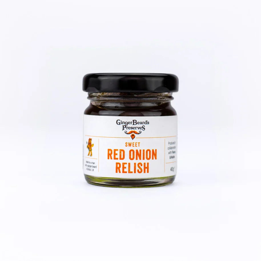 Jar of miniatures Red Onion Relish for sandwiches and cheese platters.