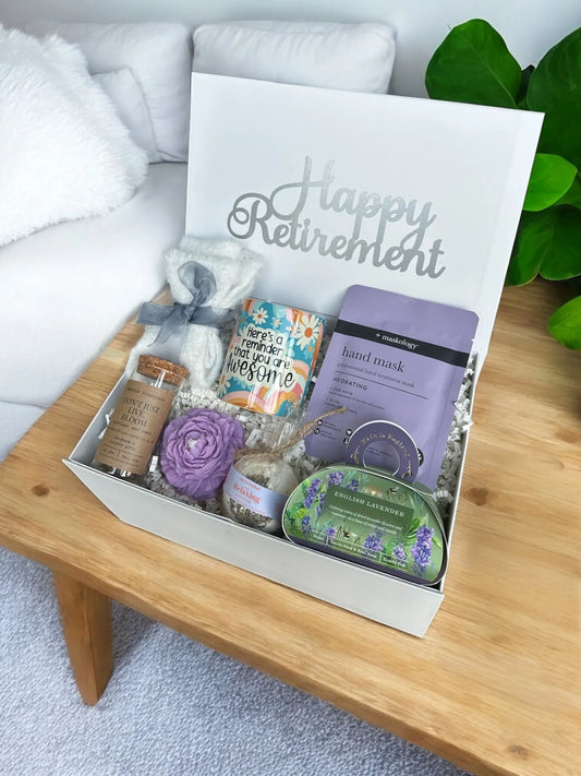 Floral Farewell retirement gift box with lavender-themed items and cozy accessories.