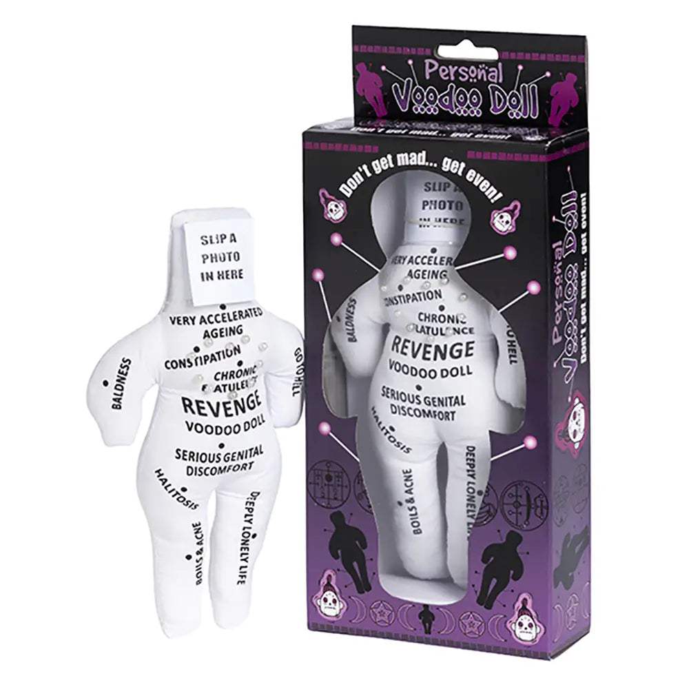 Novelty Revenge Voodoo Doll with pins and photo sleeve for stress relief.