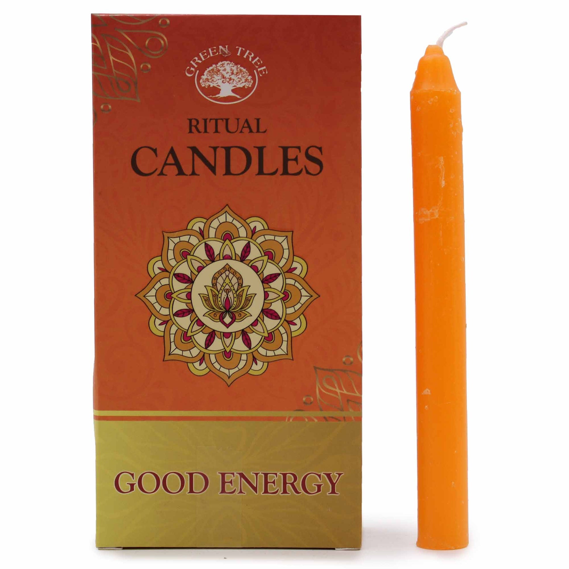 Good Energy Ritual Candles in vibrant orange for positivity and spiritual growth.