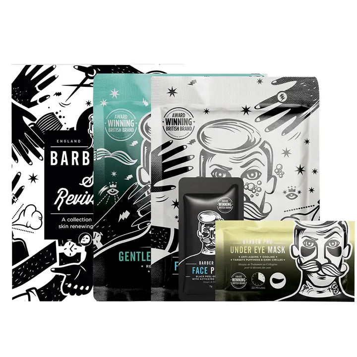 Men's Skin Revival Kit with cleansing mask, sheet mask, peel-off mask, and under-eye mask for rejuvenated skin.