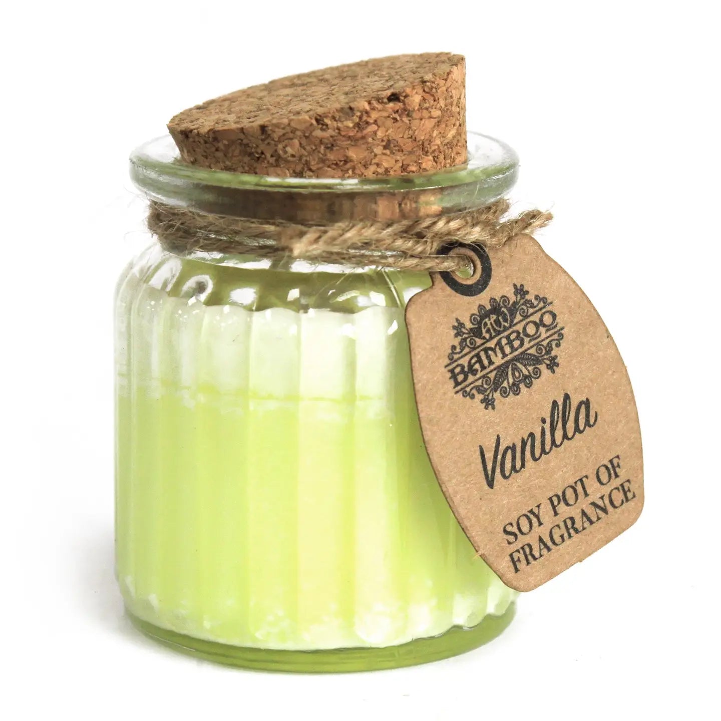 Vanilla Soy Pot of Fragrance candle in a glass jar with cork lid.