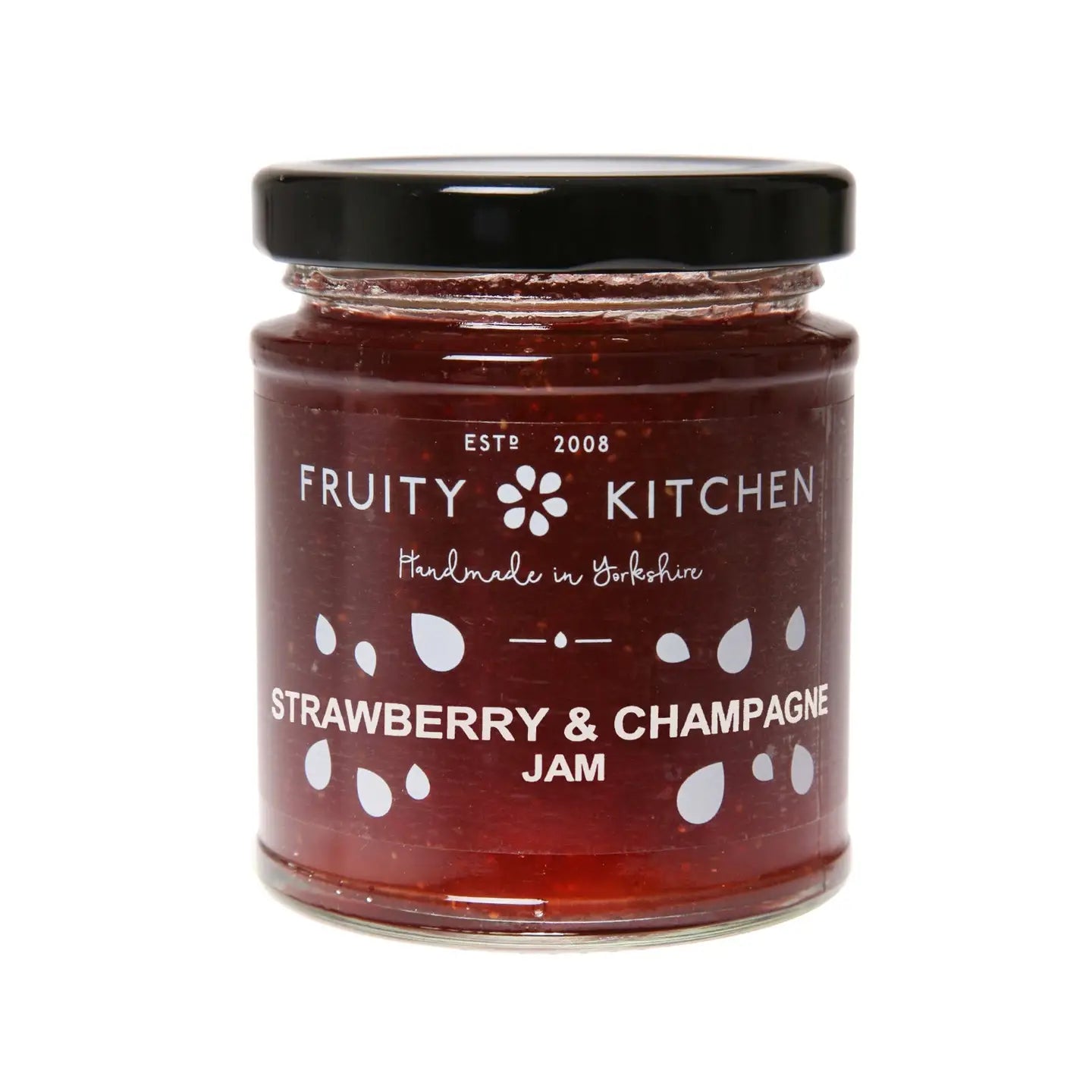 Strawberry and Champagne Jam in a glass jar from Fruity Kitchen.