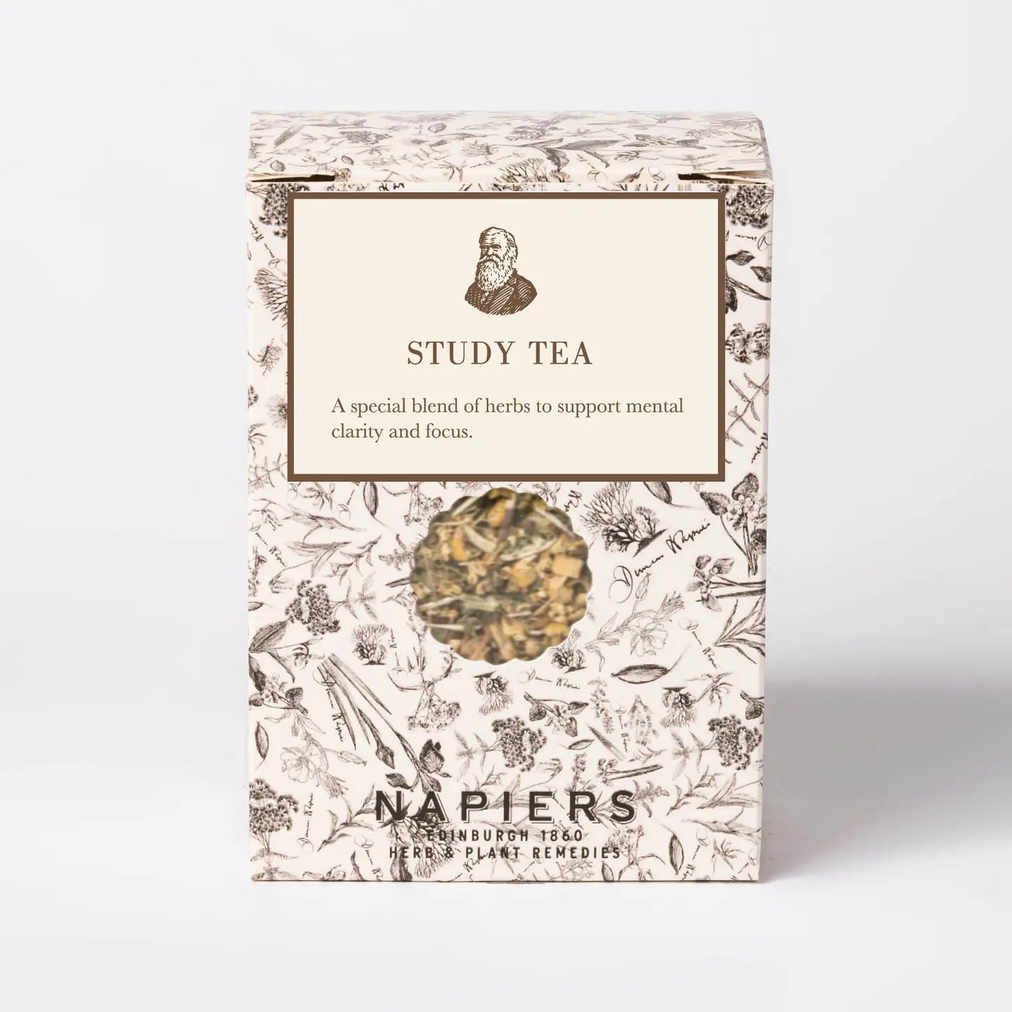 Napiers Study Blend Tea package featuring a special herbal blend for memory and cognitive support.
