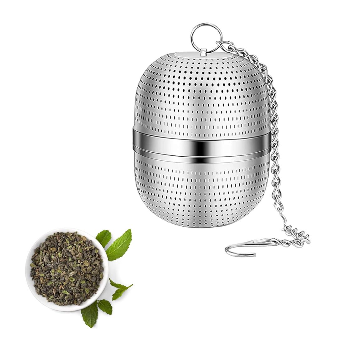 Tea infuser for loose tea with chain and perforated design.