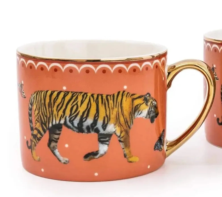 Gold Trimmed Tiger Mug with orange background, detailed tiger illustration, gold accents, and scalloped pattern.