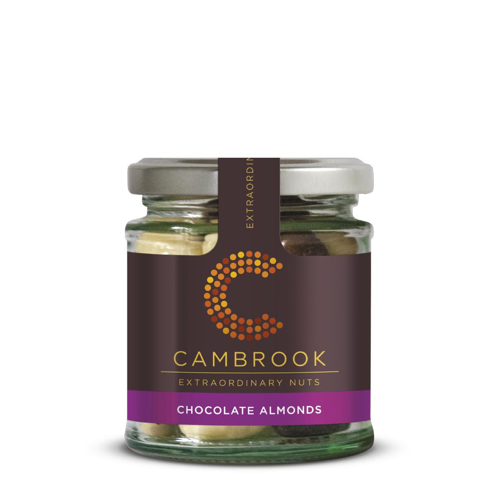 Delicious jar of Californian chocolate covered almonds in assorted flavors.