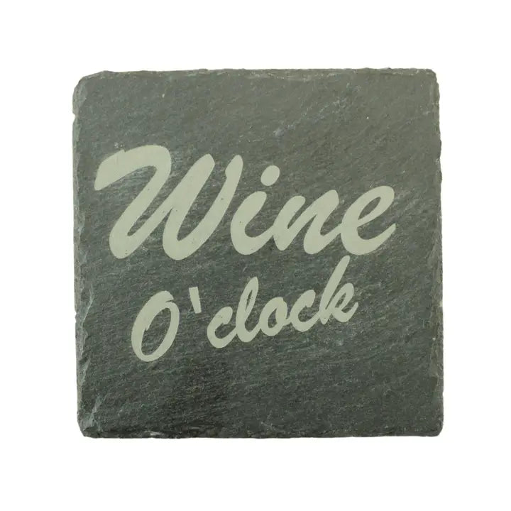 Engraved slate coaster with "Wine O'Clock" design.