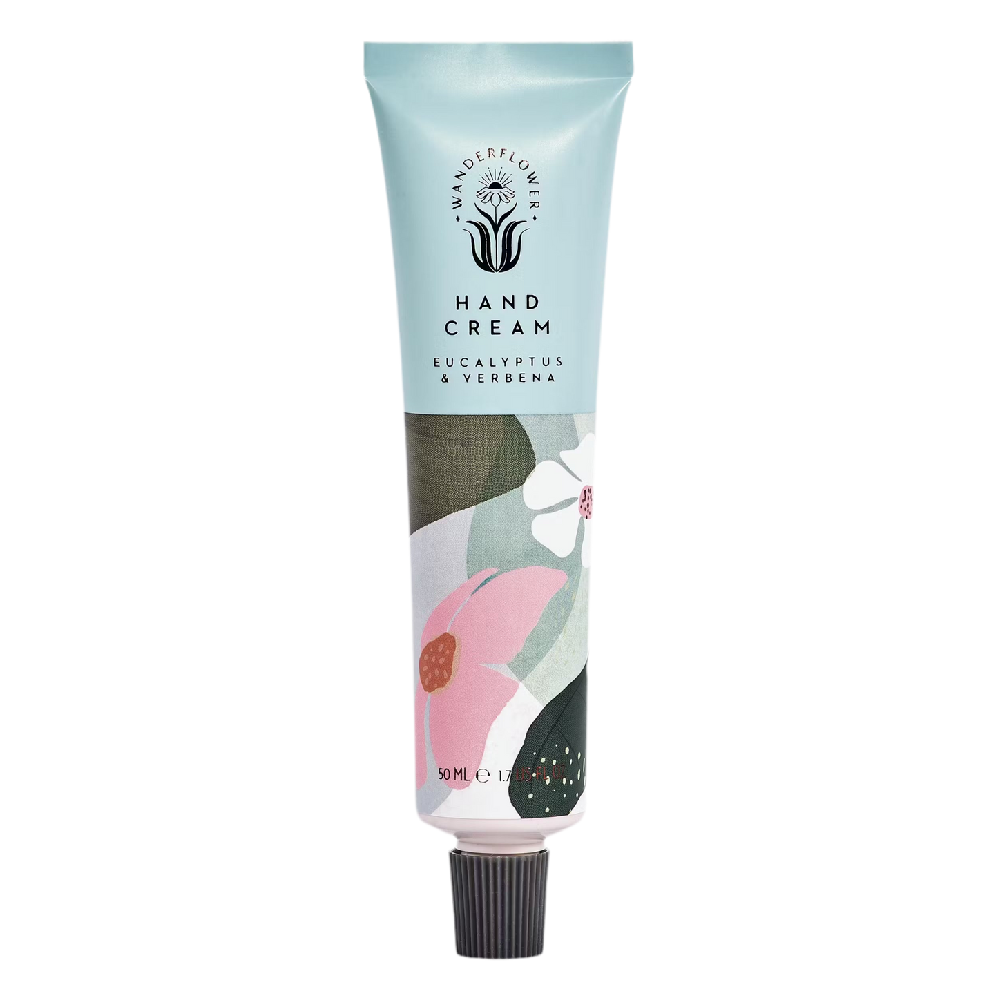 Eucalyptus and verbena hand cream tube vegan cruelty free floral design blue 