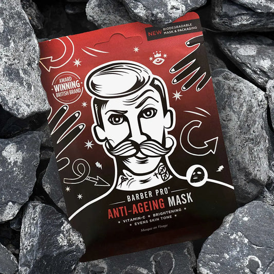 Mens Anti-Ageing Face Sheet Mask with Vitamin C, biodegradable packaging, and bamboo fibers for hydration and wrinkle reduction.