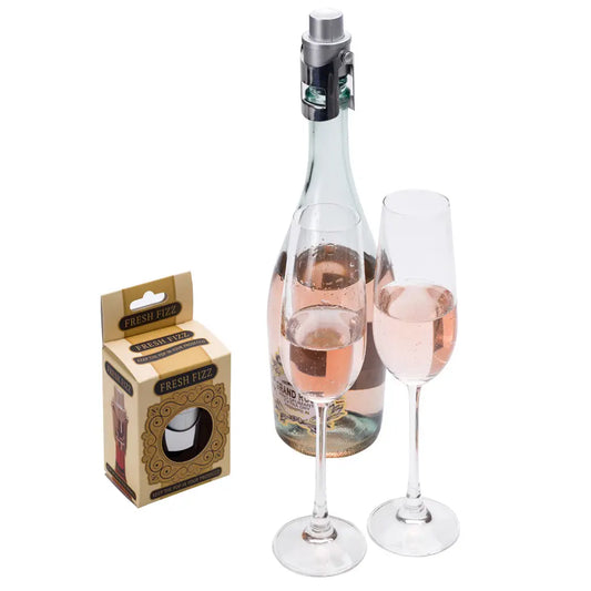Fresh Fizz pressure bottle stopper with two glasses of Prosecco.