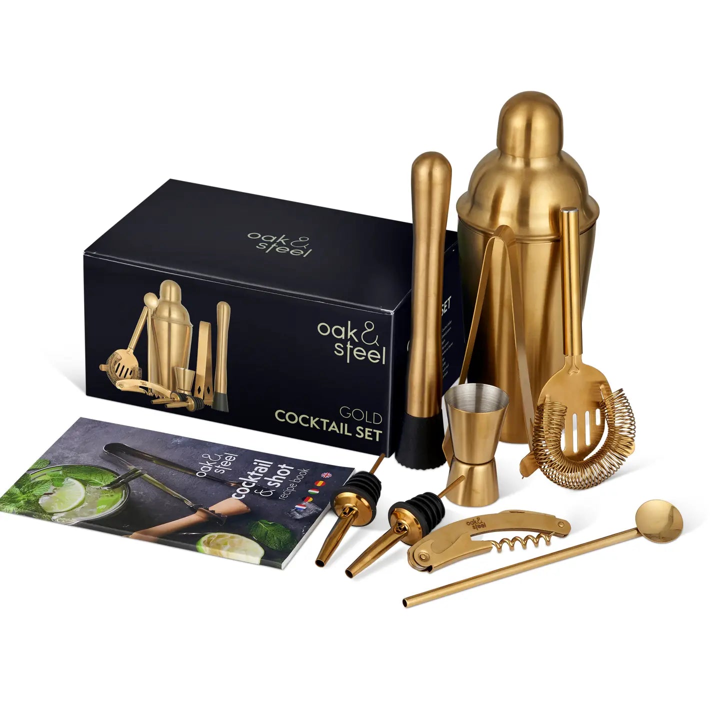 10 Piece Gold Cocktail Set with Shaker, Jiggers, Strainers, and Muddler for Bartending.