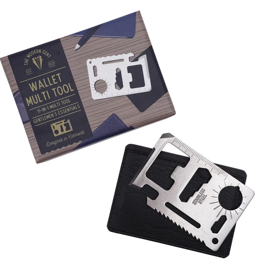 Gentleman's Essential 11-in-1 Wallet Multi Tool in sleek gift box, showcasing versatile functions including wrench, saw, and bottle opener.