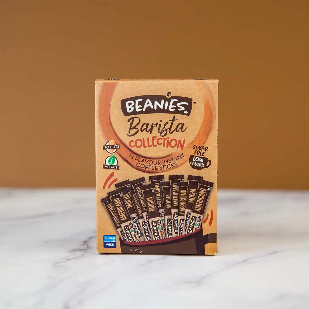 Flavoured instant coffee sachets box with Americano, Cappuccino, and Mocha variety.