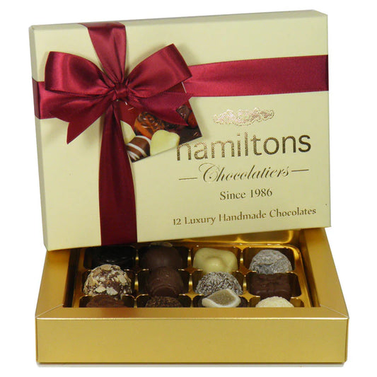 Box of Hamiltons chocolates with a red ribbon on a white background