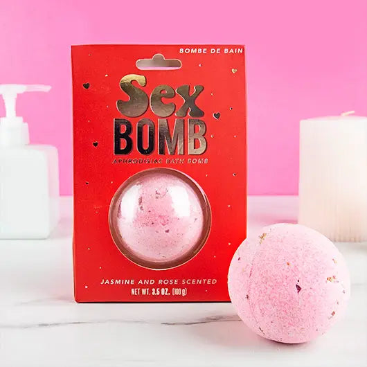 Sex Bomb Bath Bomb with jasmine scent in red packaging.