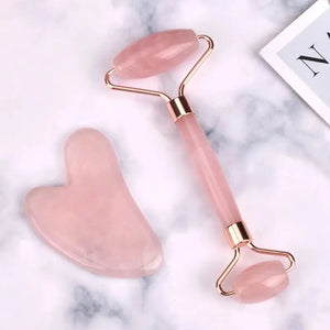Rose Quartz Jade Roller and Gua Sha set in Pink