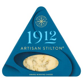 1912 Artisan Stilton cheese, award-winning, matured in the Three Stilton Counties, UK protected designation, suitable for vegetarians.