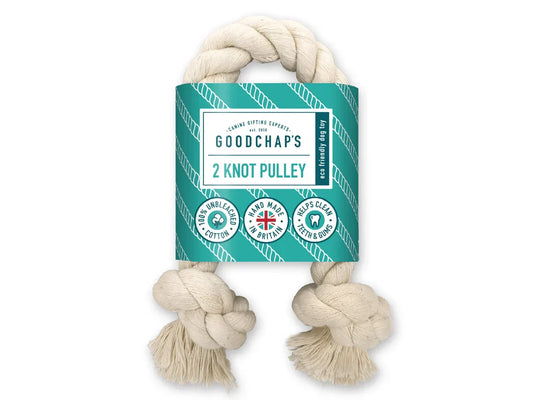 2 Knot Pulley dog rope toy made from 100% unbleached cotton, ideal for tug of war and dental health.