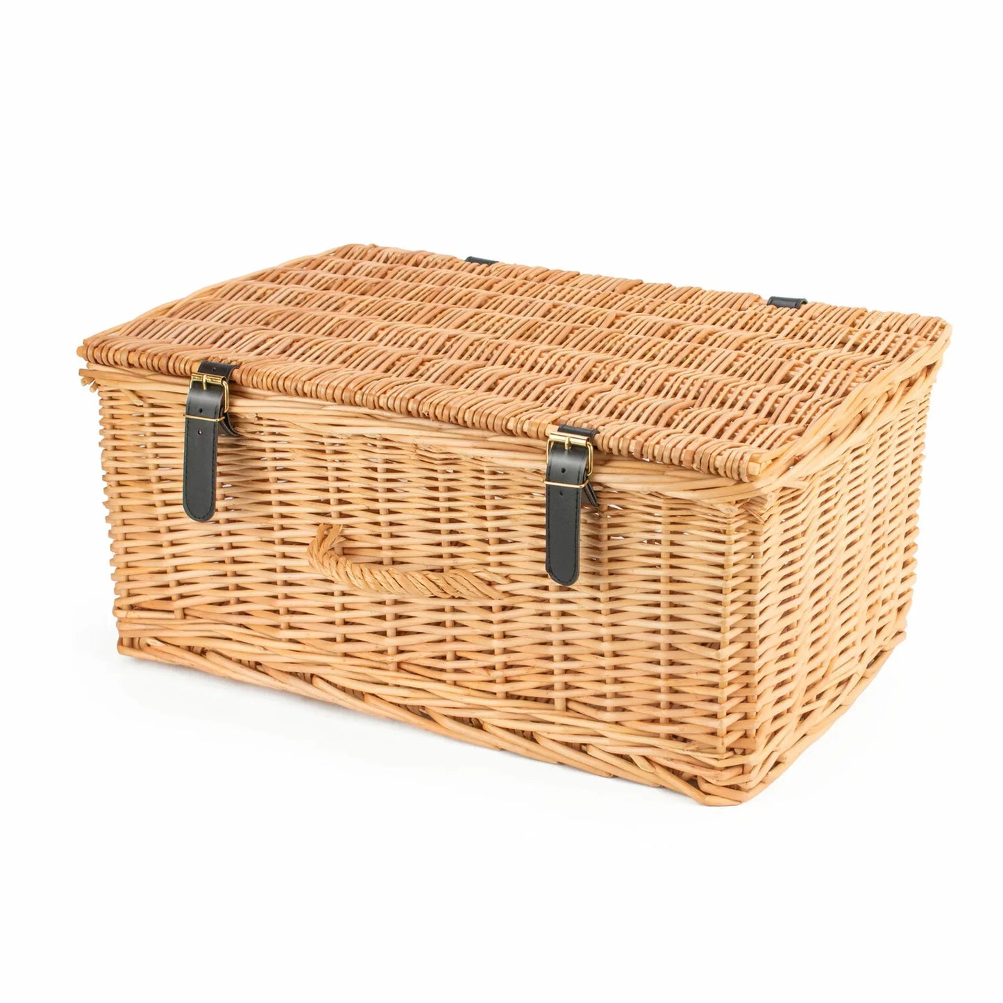 Large wicker hamper made from handwoven steamed willow with vegan straps.