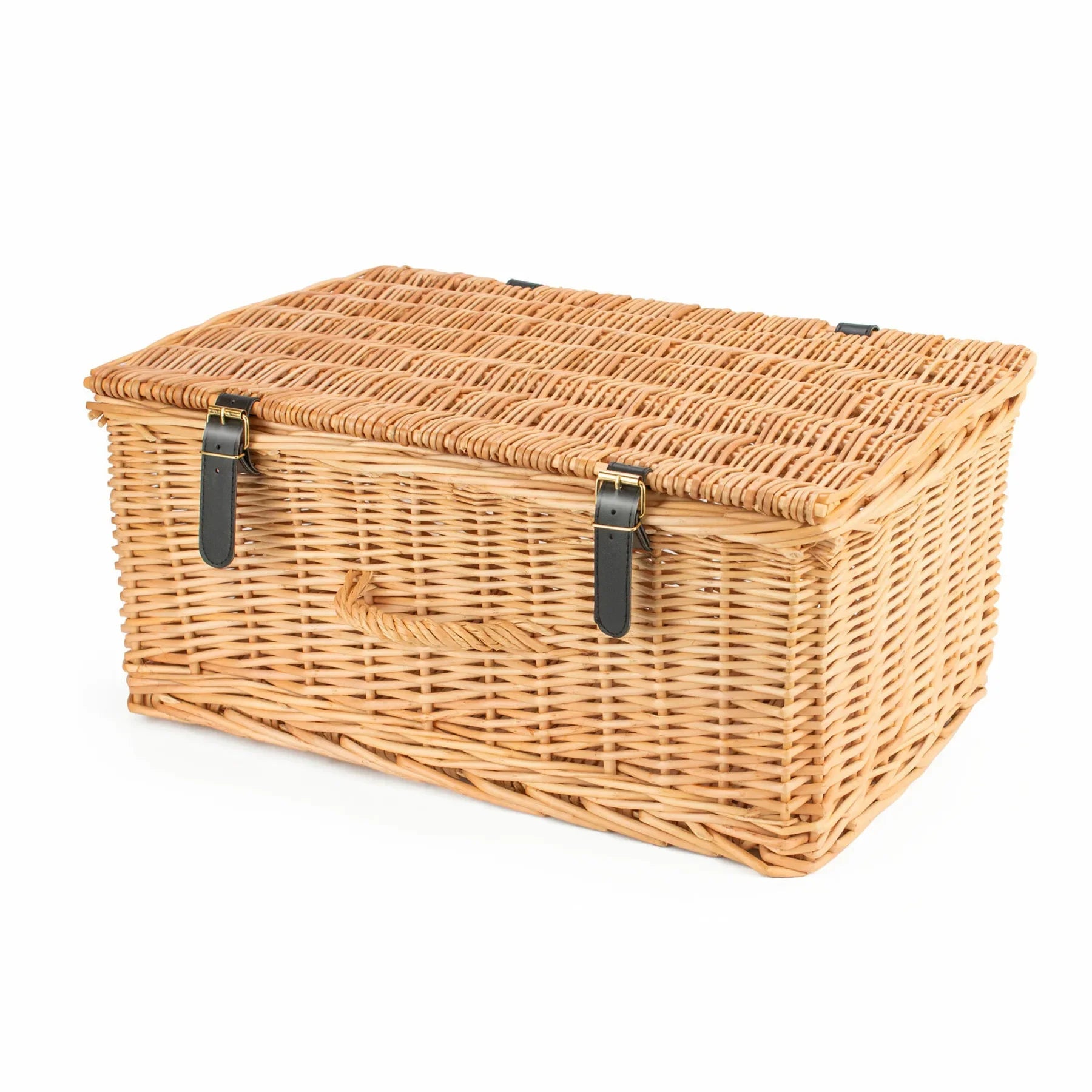 Large wicker hamper made from handwoven steamed willow with vegan straps.