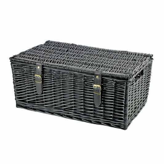 Large black wicker hamper with vegan straps, handwoven from steamed willow for eco-friendly gifting.