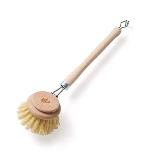 Wooden dish brush with replacement head and natural bristles.