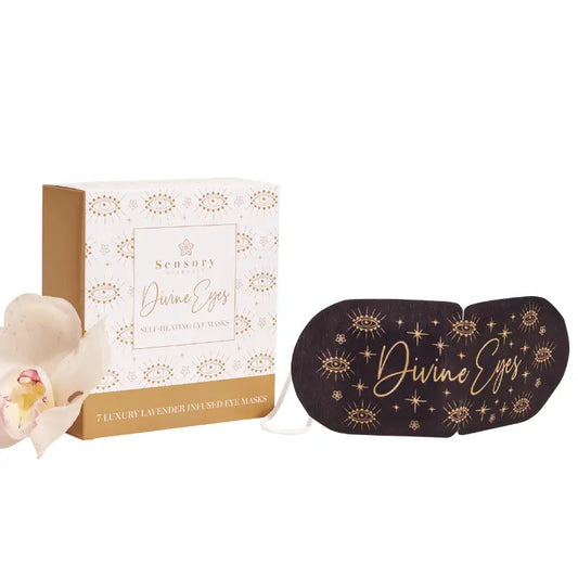 Sensory Retreats Divine Eyes self-heating eye mask in gold and white packaging.