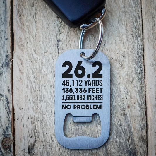 Proudly show off your 26.2 with this stainless steel key ring and bottle opener—run, pop, repeat!