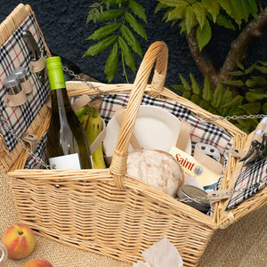 Two Person Wicker Picnic Basket with Natural Check Lining