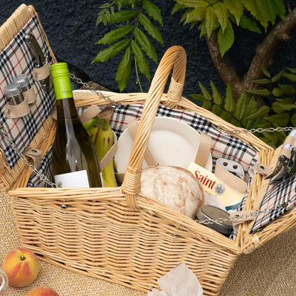 Two Person Wicker Picnic Basket with Natural Check Lining
