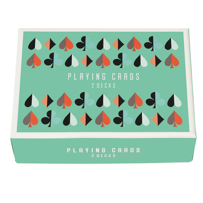 Two decks of playing cards with colourful patterned backs presented in a coordinating gift box.