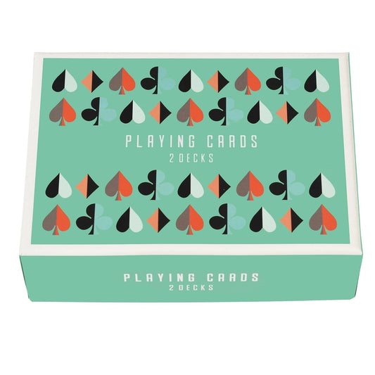 Two decks of playing cards with colourful patterned backs presented in a coordinating gift box.