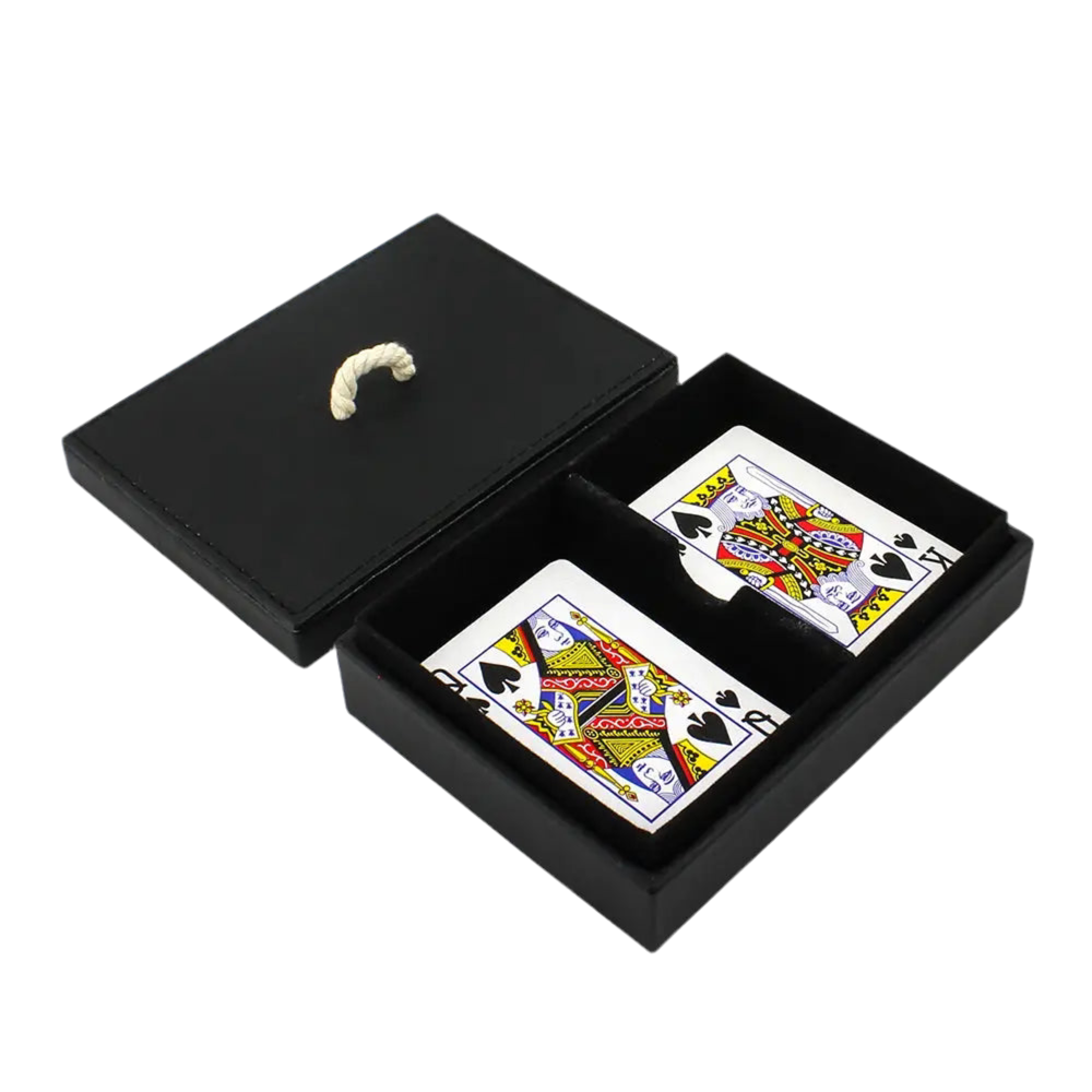 Black playing card in luxury leather box with two packs of premium coated cards
