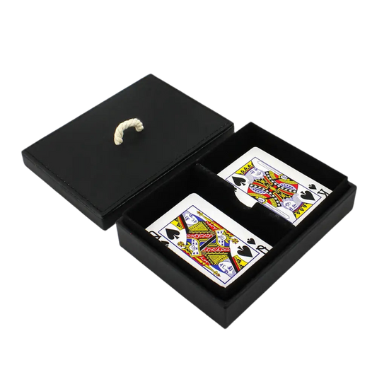 Black playing card in luxury leather box with two packs of premium coated cards