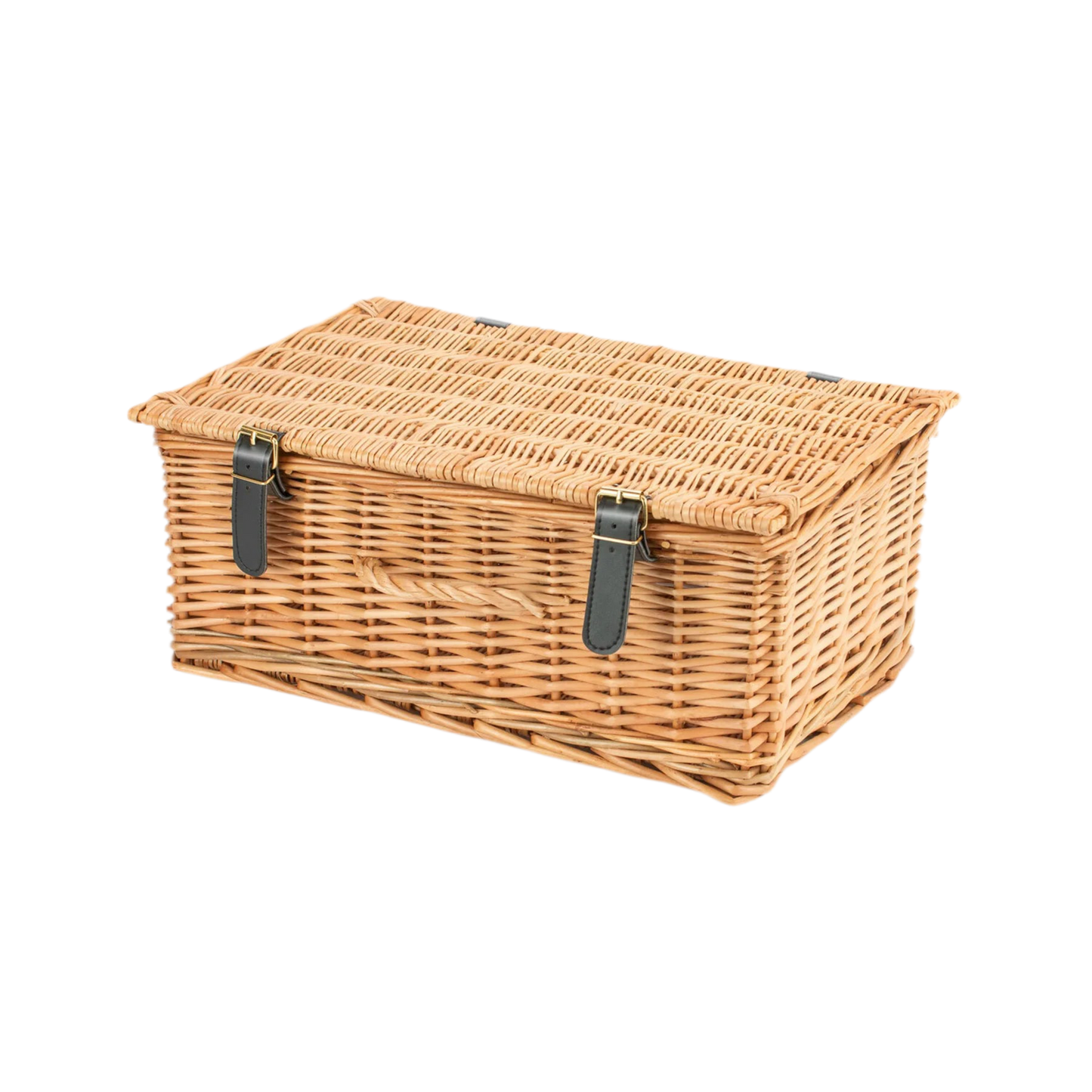 Medium-sized handwoven wicker hamper with vegan straps, eco-friendly and reusable.