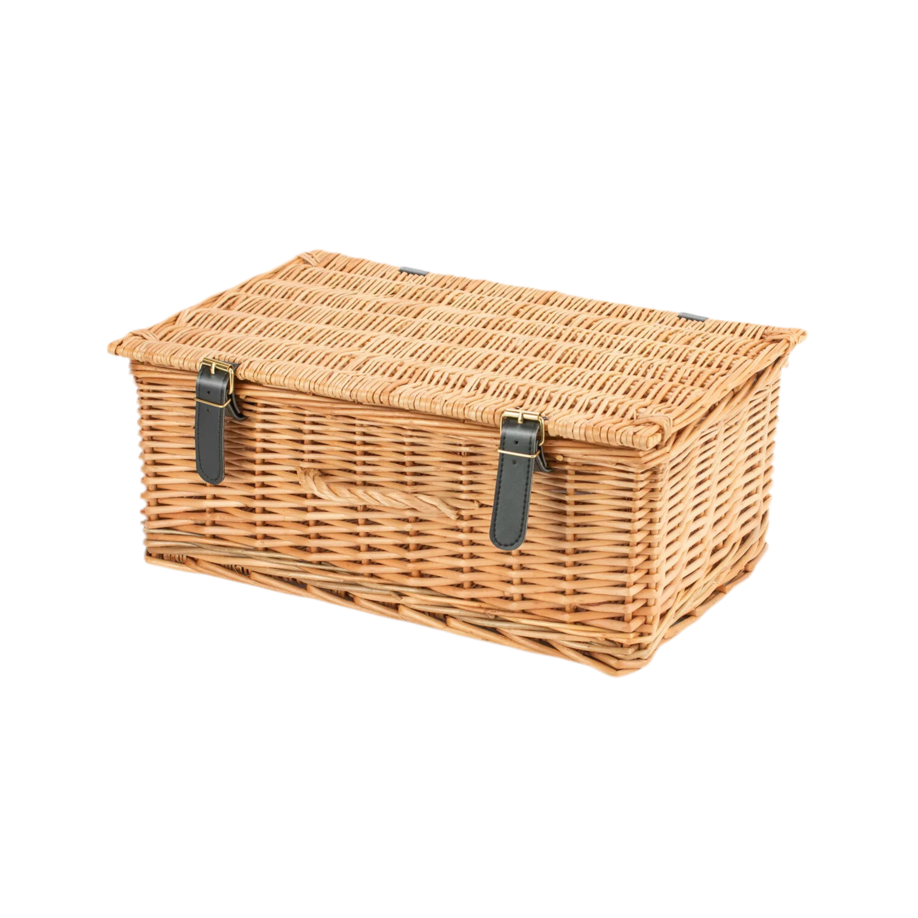 Medium-sized handwoven wicker hamper with vegan straps, eco-friendly and reusable.