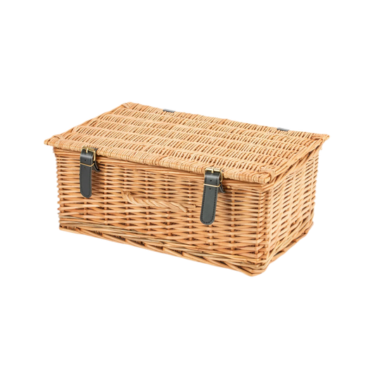 Medium-sized handwoven wicker hamper with vegan straps, eco-friendly and reusable.
