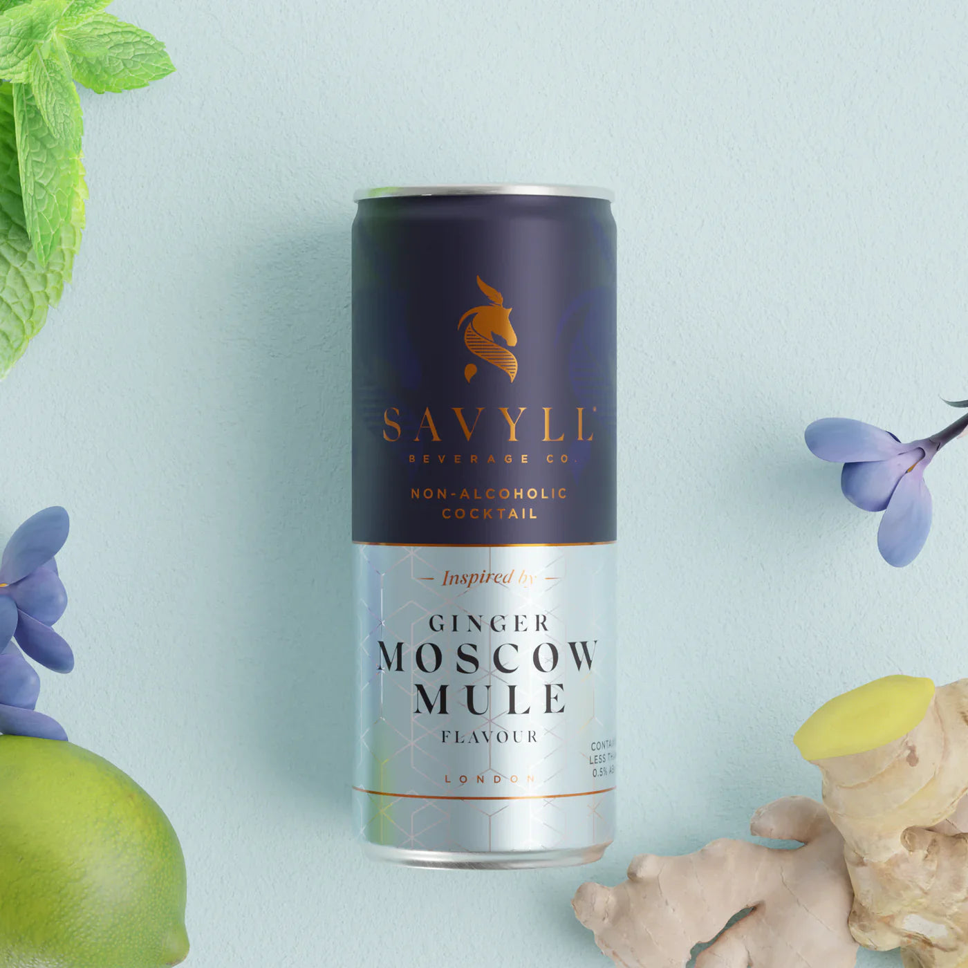 Ginger Moscow Mule Mocktail can with ginger, lime, and mint garnish.