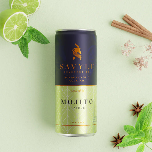 Mojito Mocktail can with lime, mint, and spices on a light background.