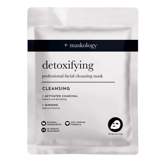 Cleansing & Detoxifying Professional Sheet Mask with Activated Charcoal, AHA complex, and plant-based ingredients for pore cleansing and rejuvenation.