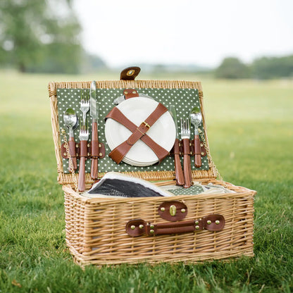Four Person Green Polka Dot Picnic Basket