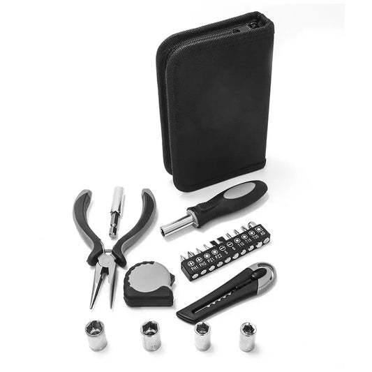 19 Piece Tool Kit with screwdriver, pliers, tape measure, utility knife, nut sockets, and magnetic bit holder in nylon case.
