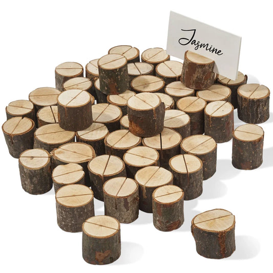 Wedding Pine Wooden Table Place Card Holders for rustic event decor.