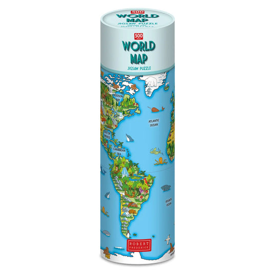 500 piece jigsaw in a tube featuring a detailed world map design.