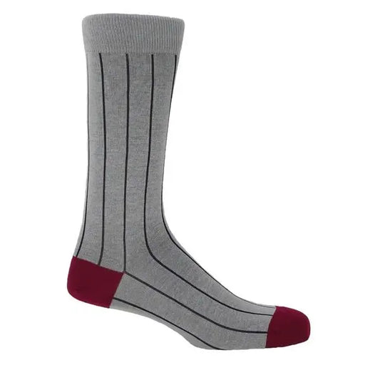Peper Harrow Pin Stripe men's grey and maroon cotton socks with contrasting stripes.