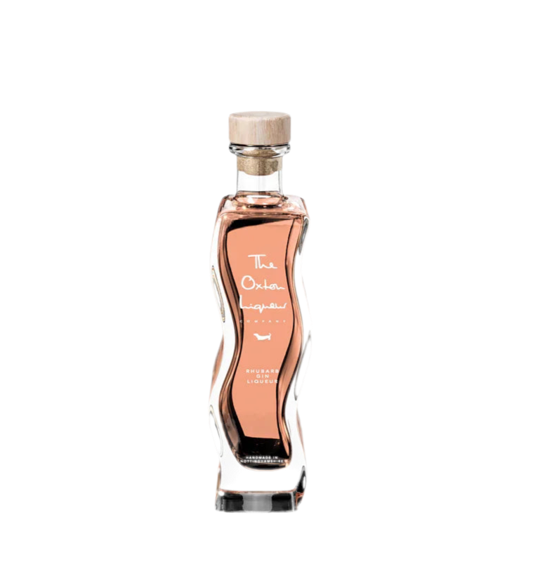 Oxton Liqueur Rhubarb Gin in a uniquely shaped bottle with a pink hue. Can be personalised. 