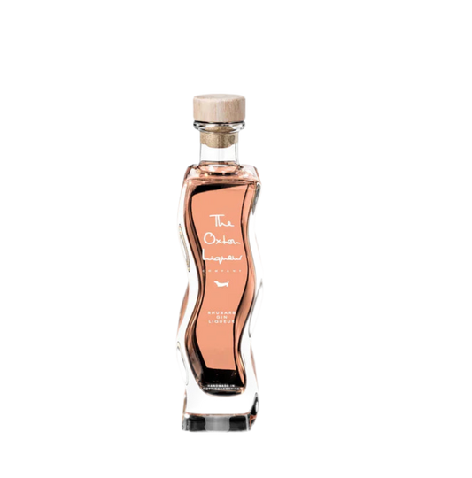 Oxton Liqueur Rhubarb Gin in a uniquely shaped bottle with a pink hue. Can be personalised. 