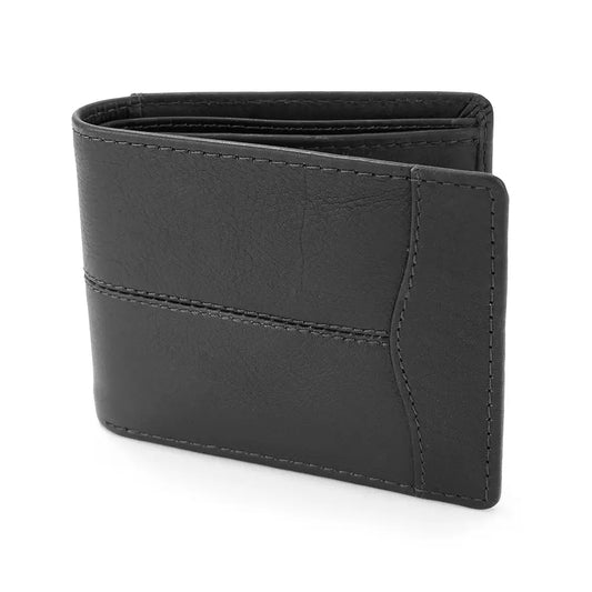 Black leather wallet with stitched detailing, premium quality.