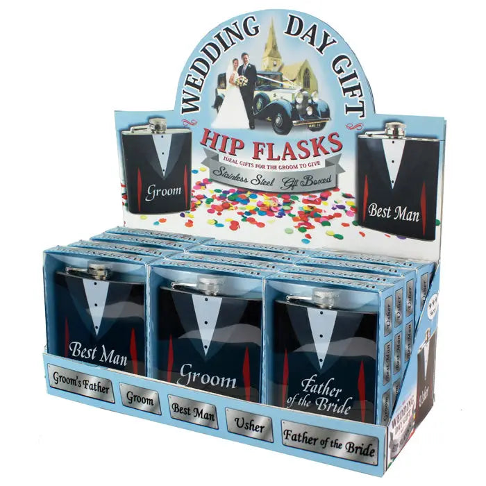 Stainless steel wedding themed hip flasks set for groom and bridal party.